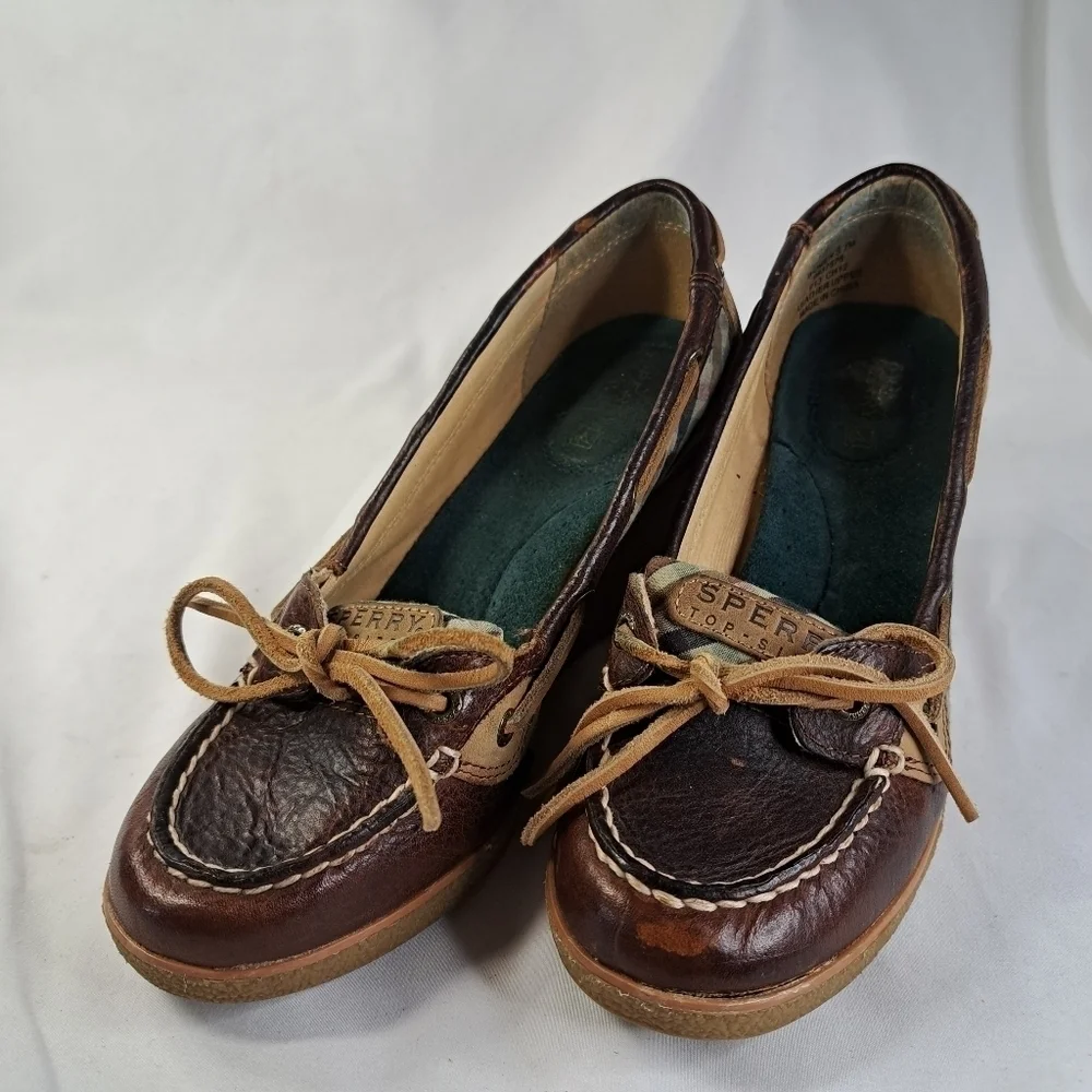 SPERRY Brown w/Brown Plaid Wedged Top Sider Loafer Women's Size 7
